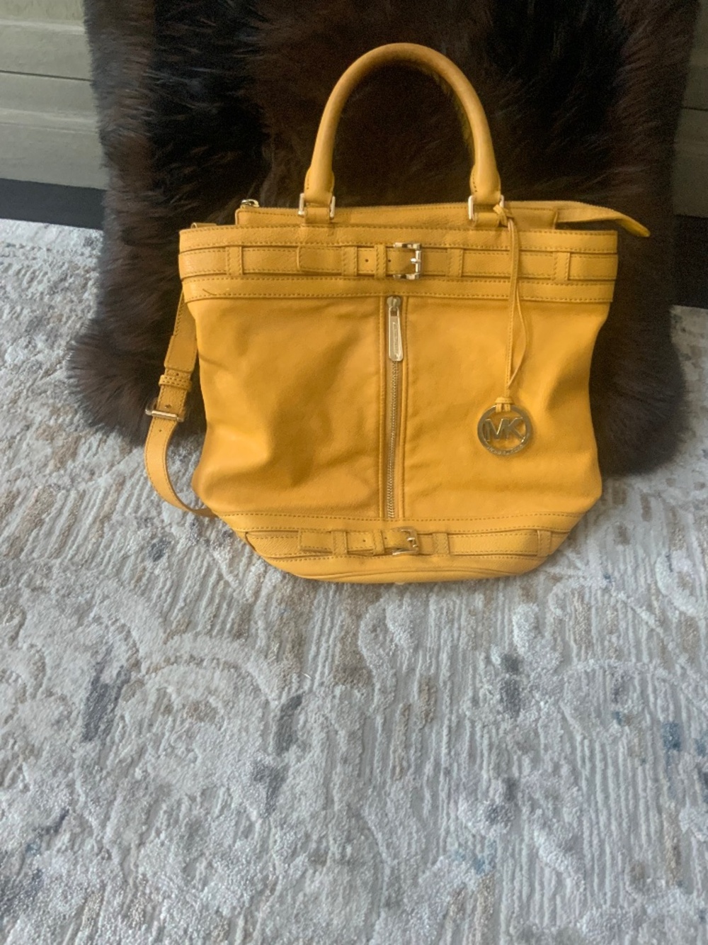 Yellow Michael Kors Leather Front Pocket Top Handle Shoulder Strap Bucket Tote